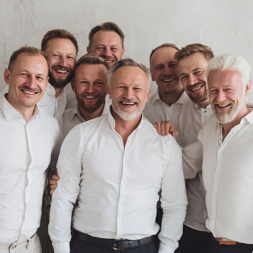 Group of middle-aged men celebrating achievement in supportive community environment