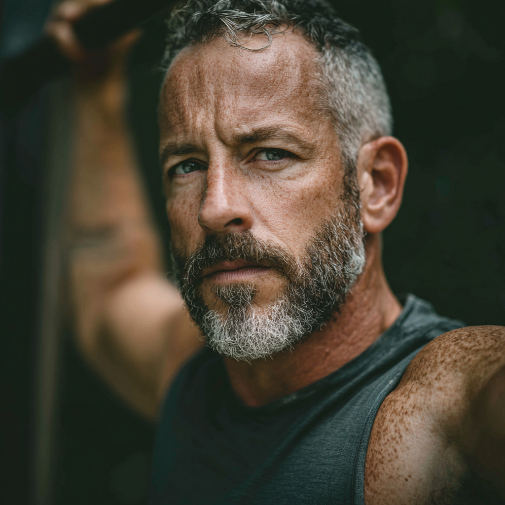 Middle-aged man focused on strength training in natural outdoor setting