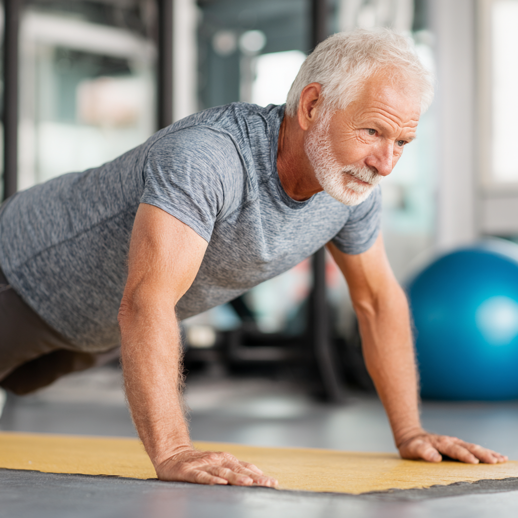 Older adult man demonstrating proper movement form during functional exercise session